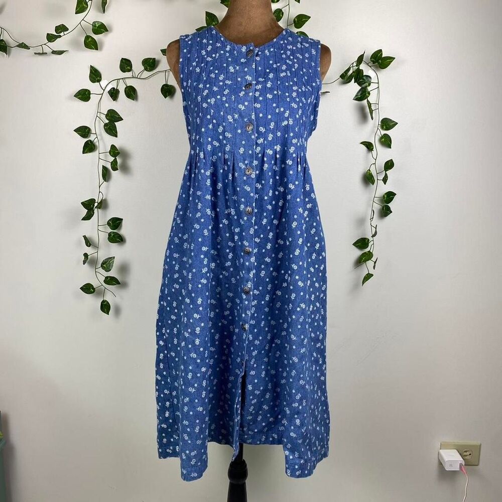 Vintage Radishes & Roses Blue denim Cotton Midi Dress pleated Floral corset back